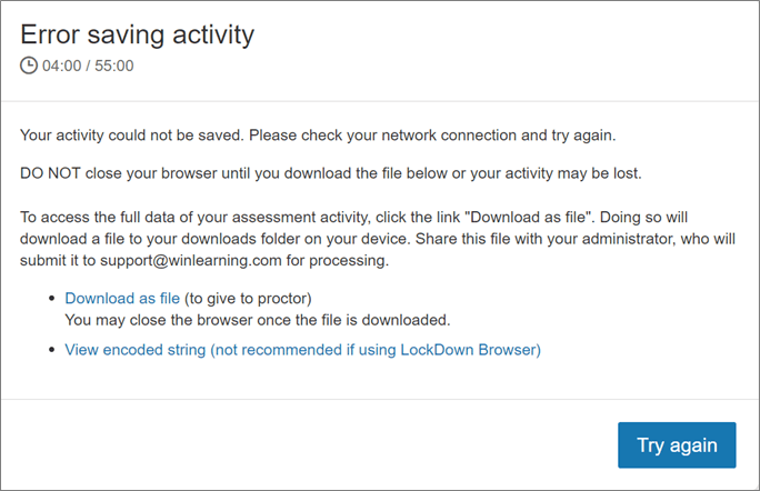 Error message notifying user that their activity could not be saved